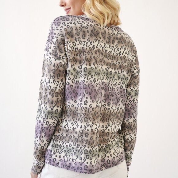 MYSTREE Leopard Print V-Neck Long Sleeve Top, Neutral & Purple Ombre Animal - Picture 5 of 7